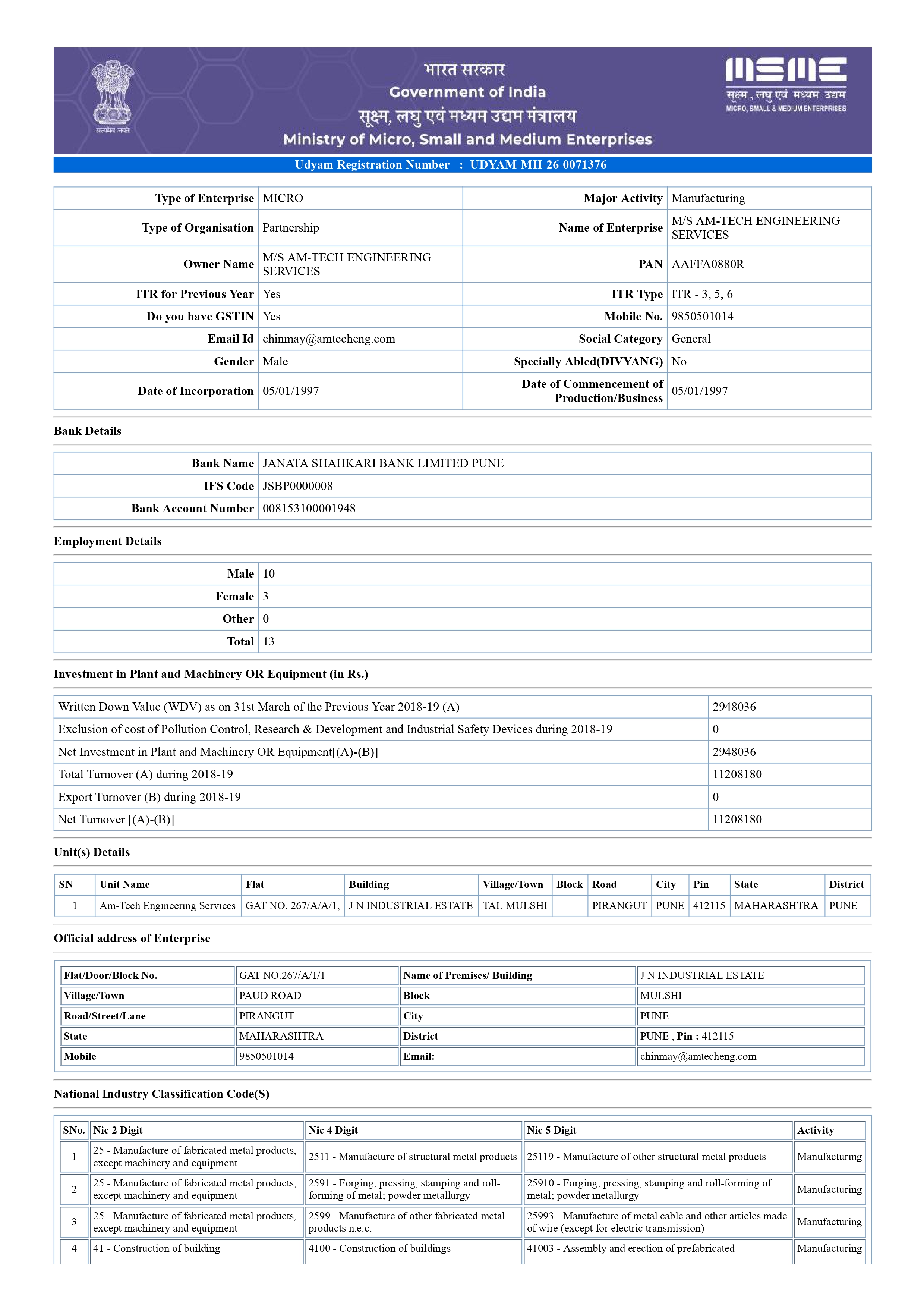 MSME Registration Certificate